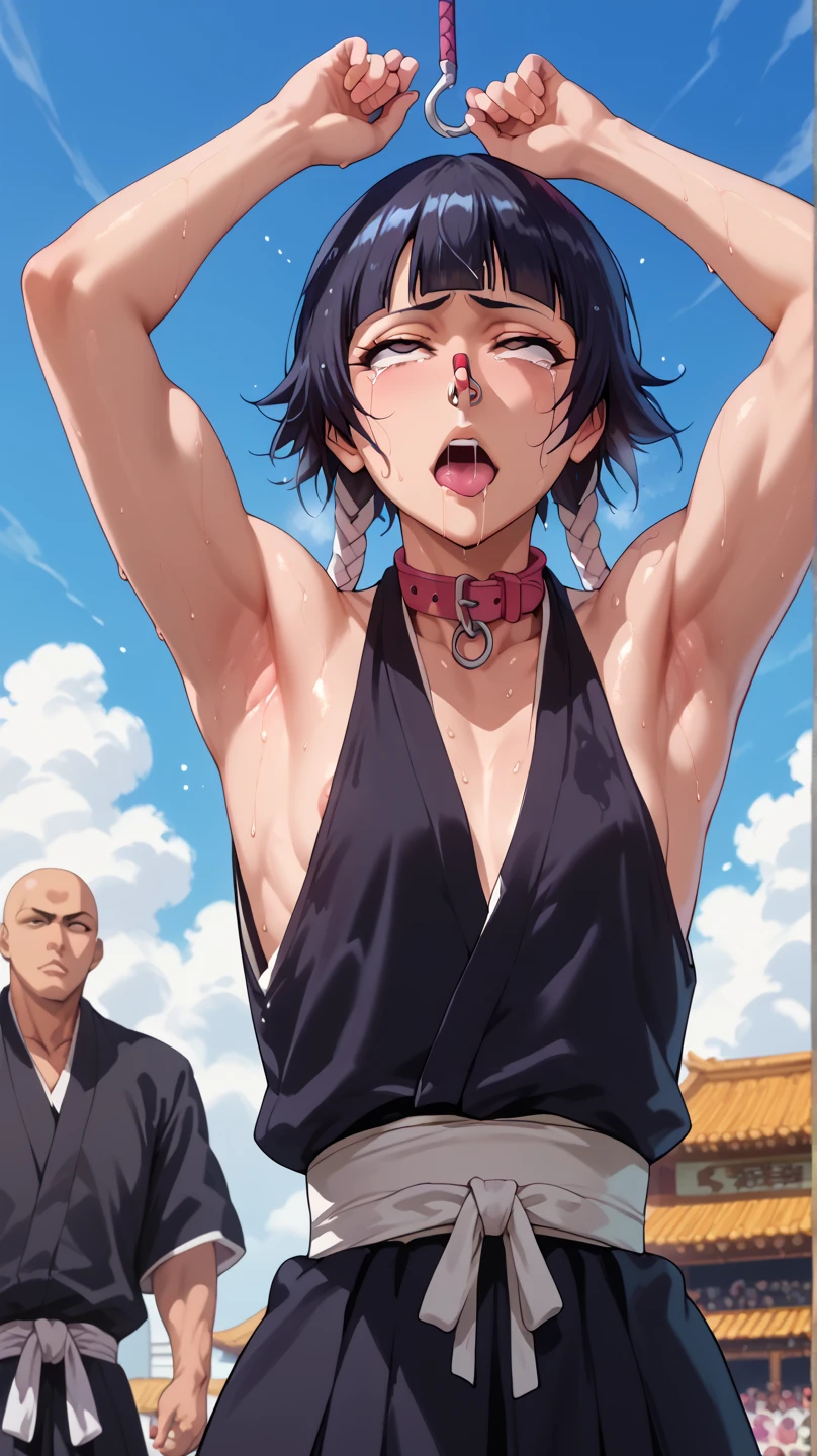 a picture, inspired by Kentaro Miura, trending on pixiv, soifon from bleach, black uniform, favorite scene, fine details, skins, sweating, small breasts, both hands raised, armpits, (small head),armpits visible, dripping with sweat, more more sweat, ((Japanese clothes)),open mouth,rolling eyes,muscle,kneel down,open legs,For the audience, (muscle:1.2),Looking at the audience, tired, (small breasts),sexy body,perfect body,(drooling), tears, head wet, runny nose, black hair, dog collar,transparent nose hook.