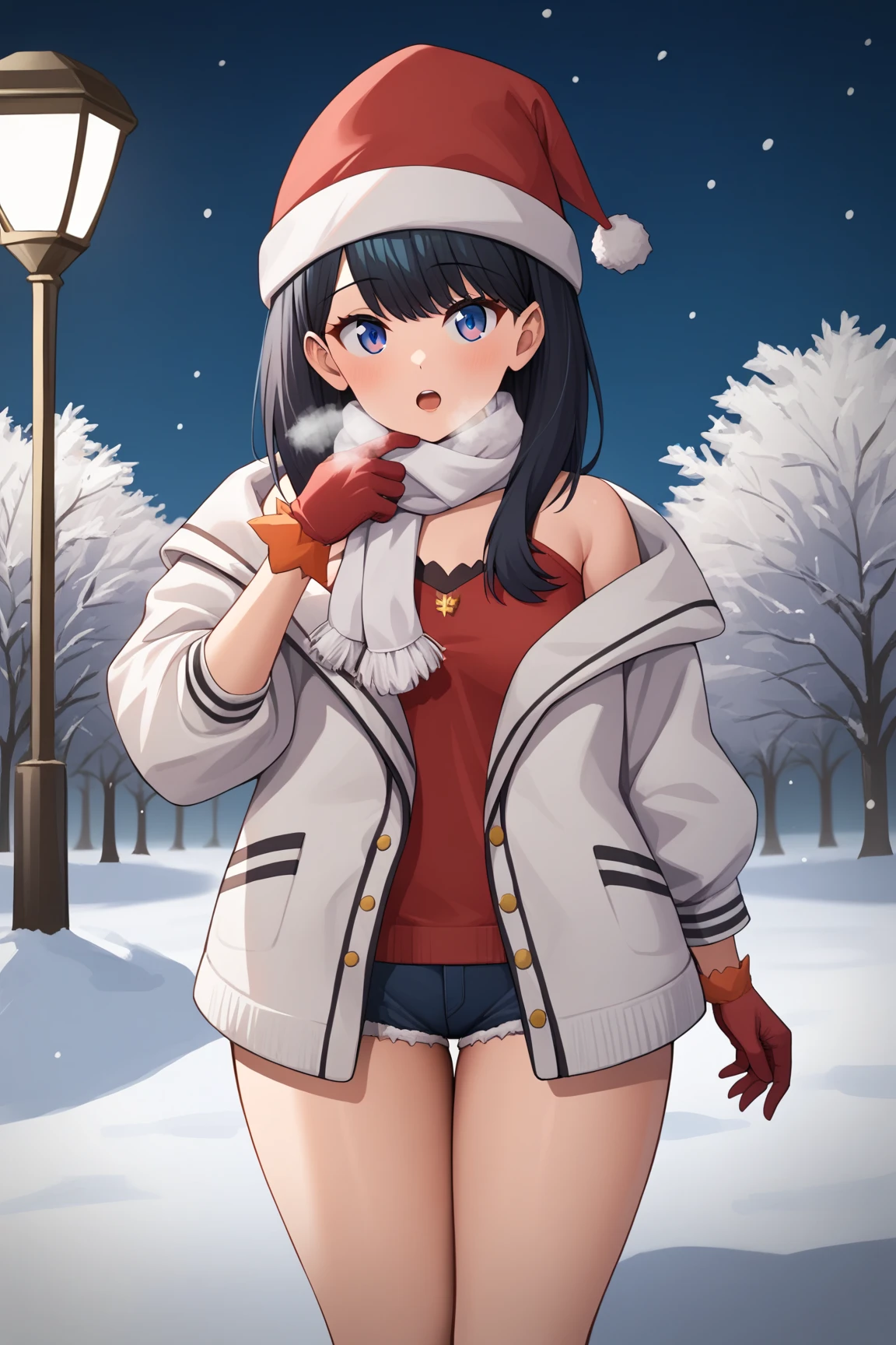 score_9,score_8_up,score_7_up, source_anime, winter, snow, snow field, (((outdoors))), (((park))), night, looking_at_viewer, red cheek, open mouth, She is breathing to white breath has both hands on mouth, knit red gloves, knit white scarf, takarada_rikka, standing, 1girl, solo, simple red christmas costume, santa hat, Off-Shoulder, ((Red Booty shorts)), christmas, thighs, masterpiece, best quality, very aesthetic, ultra detailed, absurdres, 