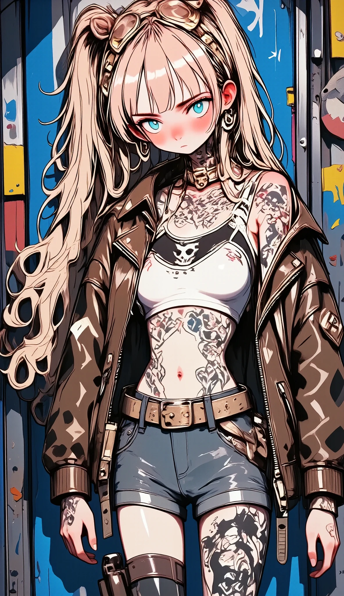  She has Caucasian juvenile features of 22 years old  (Long straight platinum blonde hair) ((He has many tattoos on his neck, chest tattoo,  belly tattoo, tattoos on feet)),  She dresses in a chic rock style :( Dark brown biker jacket )with studs and side zipper, ( frayed lace with denim laces ), ( White push-up bra with red stitching ). (  dark brown thigh high boots )(medias de red)  Wide leather belt with large skull buckle studs and (leg holster ).