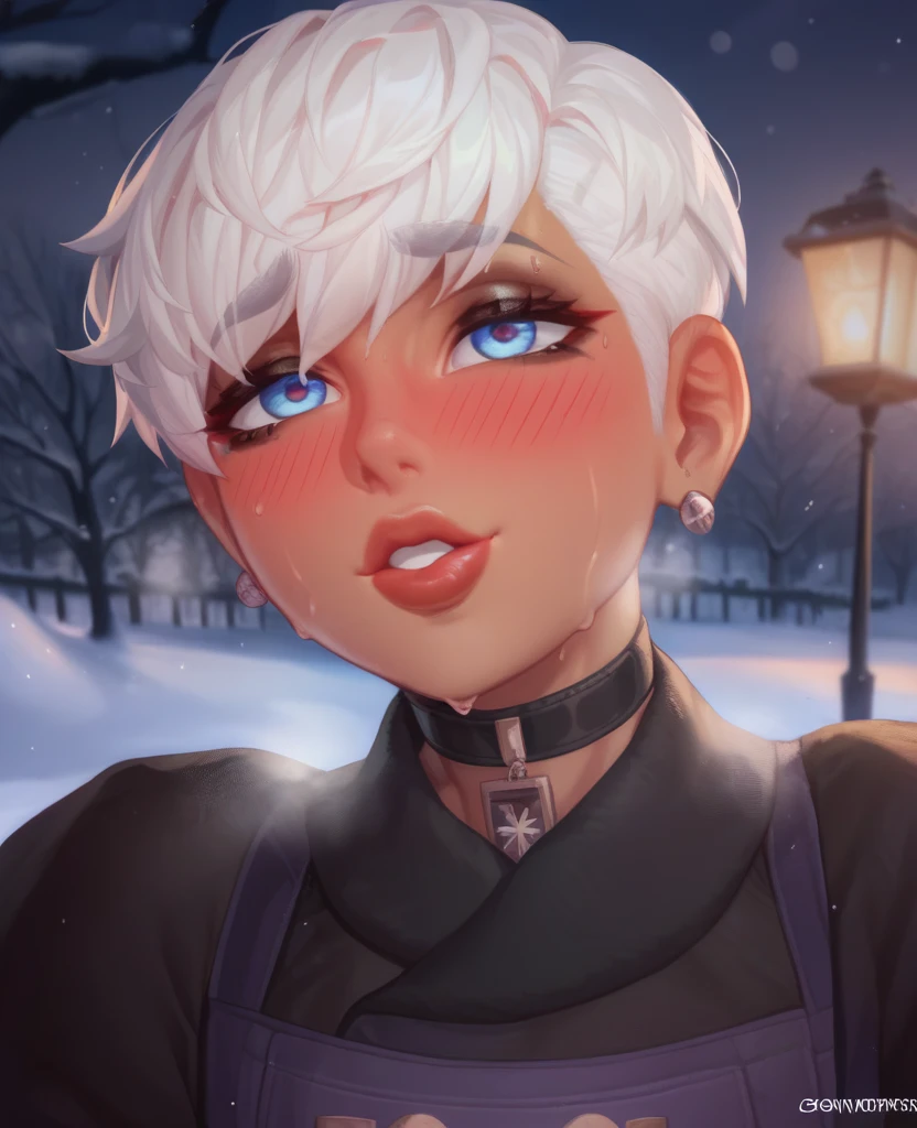 femboy, White hair short in tips ,  full lips,  gothic makeup ,  tanned skin,  winter, ropa de  winter, sweat,  with a kind smile , sweat, vapor, blush , as he looks at shy  {{user}}. femboy gótico viendo a {{user}} con una sonrisa amtimida con un blush