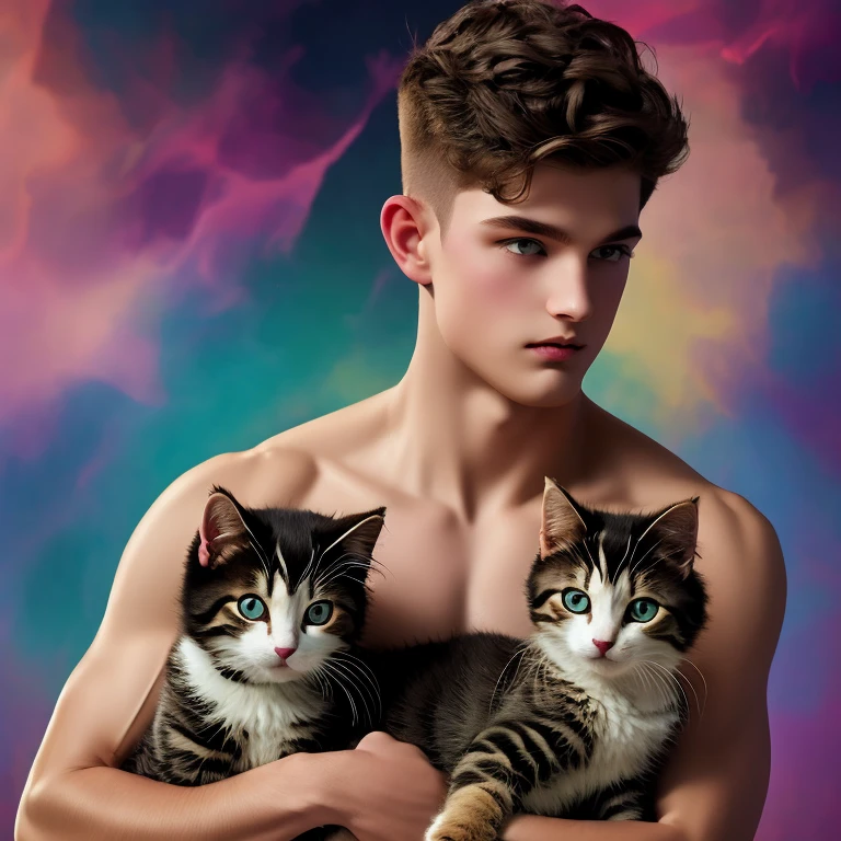     A masterpiece of the highest quality  ,  official art ,  beautiful  , aesthetic, the boy holds the fluffy kitten Manula in his arms ,  naked torso , colored haircuts ,  short white hair  , puffy nipples on his chest,  very detailed  ,  fractal art  , Colored background, The most detailed , фон с распустившим свой  beautiful  хвост павлином  !