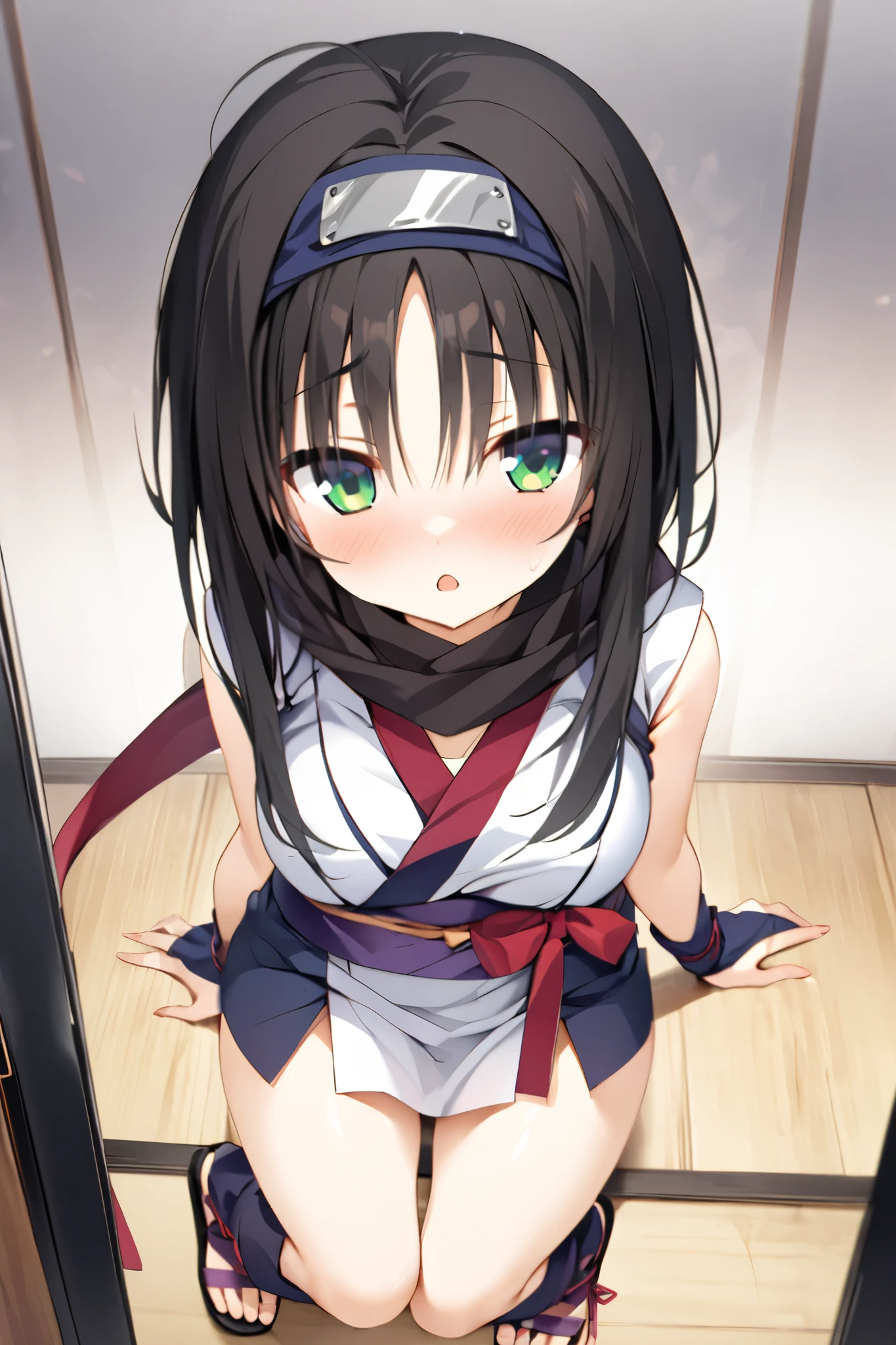 NSFW,masterpiece, top quality , high res, very detailed,Hitachi Moko、Yuzu Soft、 black hair、 medium hair、Green Eyes、 、 medium bust、Ninja、side lock、 short hair 、 Long Locks、Forehead protector、black scarf 、Red scarf、 two-tone scarf 、 kimono、Ninja、 sleeveless 、Red ribbon、Purple Belt、gloves、青gloves、肘gloves、指なしgloves、short kimono 、 leg warmers with bow、 cross lace legwear、Sandals、 toeless footwear 