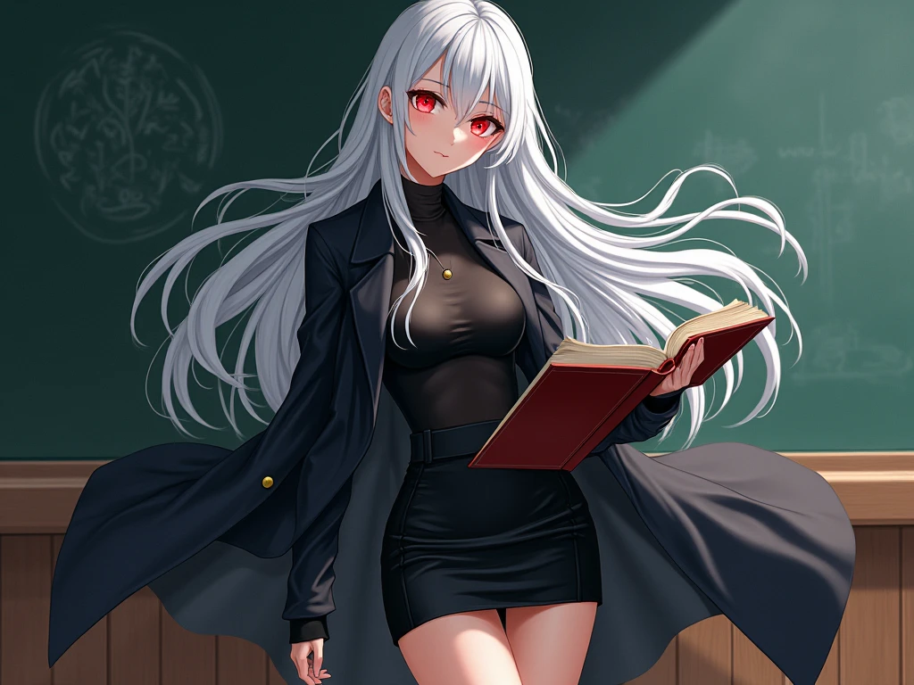 A large woman with spider-like features, wearing a web like outfit long black low-cut dress with white featureswhite chrysalis hair in a room full of books