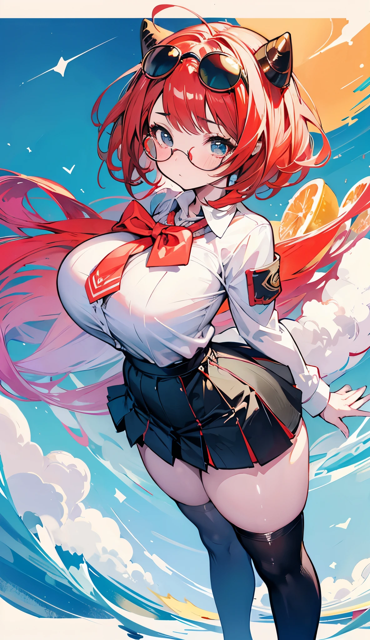 Red curly hair, medium height,medium sized breast, big ass, hourglass waist, thick thighs, glasses