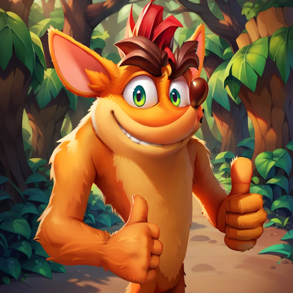 Crash Bandicoot,Furry,Orange Fur,Light Orange Under Belly,Green Eyes,Mohawk,Red Hair,Thick Eyebrows,Dark Brown Nose,Big Pointy Ears,naked,nude,solo,thumbs up,smile,grim,forest background, 