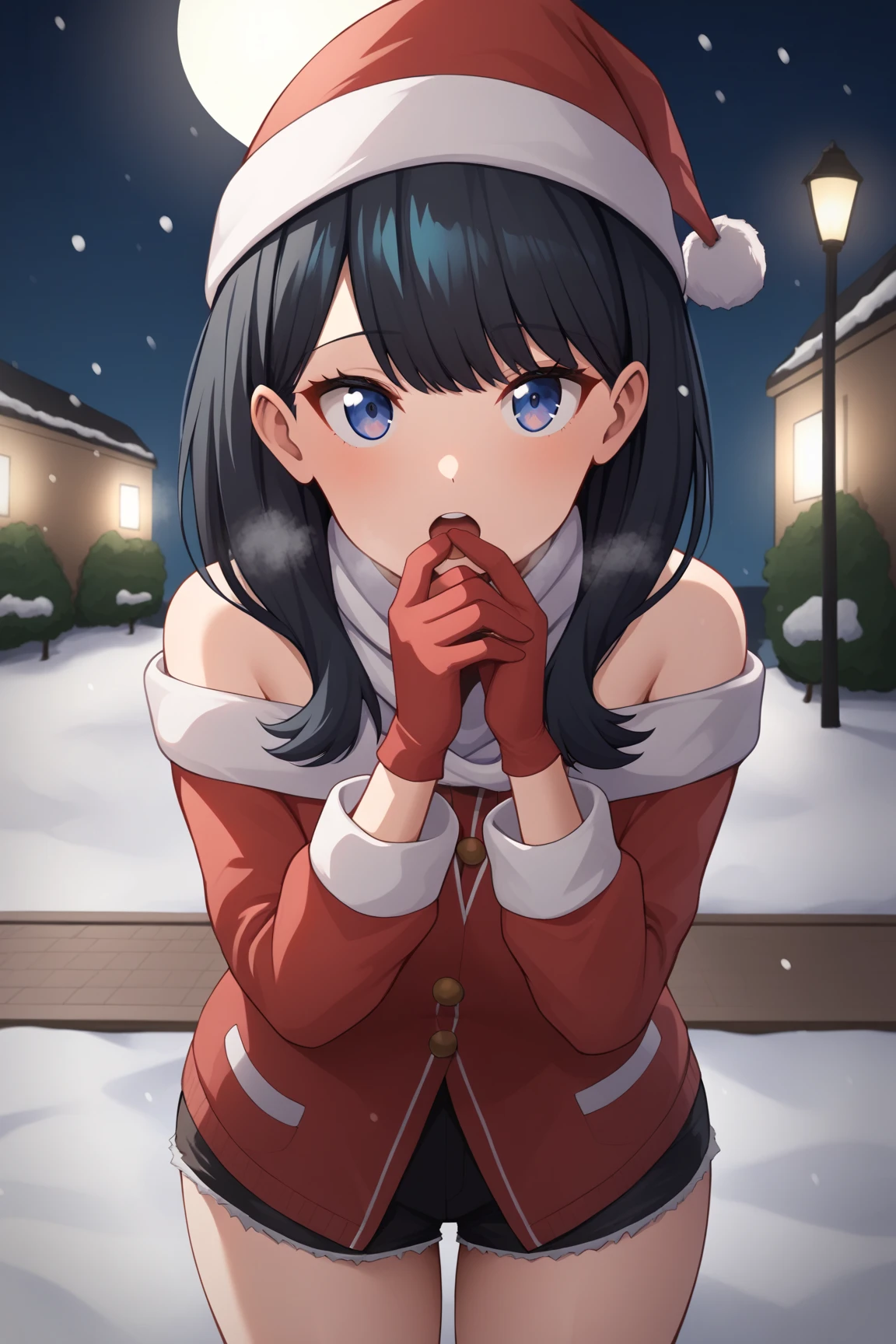 score_9,score_8_up,score_7_up, source_anime, winter, snow, snow field, (((outdoors))), (((park))), night, looking_at_viewer, red cheek, open mouth, She is breathing to white breath has both hands on mouth, knit red gloves, knit white scarf, takarada_rikka, standing, 1girl, solo, simple red christmas costume, santa hat, Off-Shoulder, ((Red Booty shorts)), christmas, thighs, masterpiece, best quality, very aesthetic, ultra detailed, absurdres, 