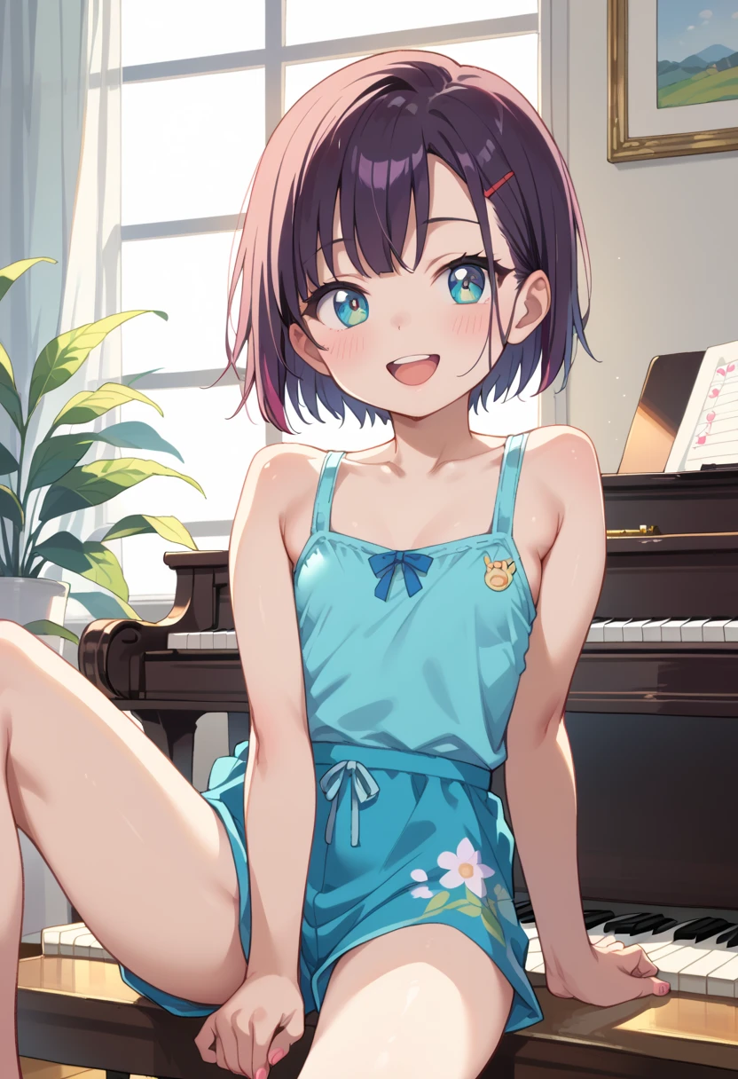 (( top quality )), ((masterpiece)), (be familiar with),  perfect face, indoor, bedroom,  Watching Viewers ,
One woman, Mikazuki Kan,
 open mouth,  ecstatic expression beside the piano, blush, smile,
 small ,  flat chest, Young girl, Lori,  kids,  girl,
Short Hair,  Shorthair,
Leg spread,