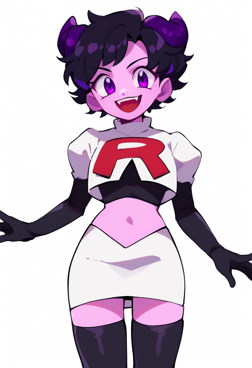 8k, anime screencap,1girl in, (Solo:1.2), (Perfect body:1.1), (Best Quality:1.1), , very large breast, hands on hip,team rocket uniform, red letter r, white skirt,white crop top,black thigh-high boots, black elbow gloves, glaring angrily, looking at viewer, hands on hips,zettai ryouiki, Burgundy