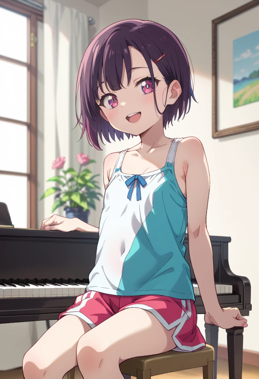 (( top quality )), ((masterpiece)), (be familiar with),  perfect face, indoor, bedroom,  Watching Viewers ,
One woman, Mikazuki Kan,
 open mouth,  ecstatic expression beside the piano, blush, smile,
 small ,  flat chest, Young girl, Lori,  kids,  girl,
Short Hair,  Shorthair,
Leg spread,