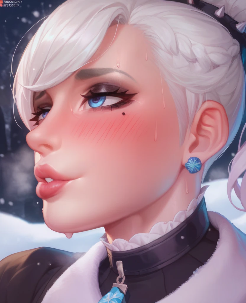 femboy, White hair short in tips ,  full lips,  gothic makeup , pearly skin,  winter, ropa de  winter, sweat,  with a kind smile , sweat, vapor, blush , as he looks at shy  {{user}}. femboy gótico viendo a {{user}} con una sonrisa amtimida con un blush