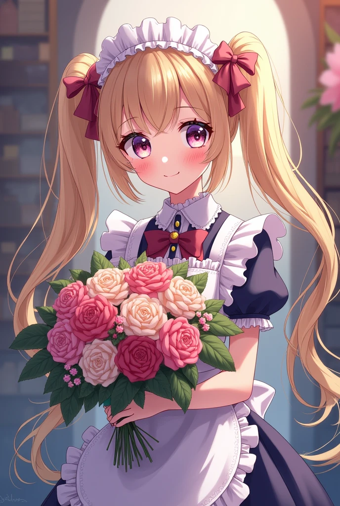 20 years old,1 girl,hyperrealistic, 8k, (extremely detailed 8k), (very delicate and beautiful), (masterpiece), (better quality:1.0), (ultra high resolution:1.0), (masterpiece, best quality), cute,blonde,cleavage cutout,(broen dress:1.3),(crop top navel:1),gleaming skin,twintails,twin bun,a pink ribbon on the head,long hair,pastel green frill Chinese-made dress,white long gloves,delighted,hold a bouquet of flowers,from the front,a bunch of flowers,POV,bust shot,white frill,puffy sleeves,surrounded by flowers