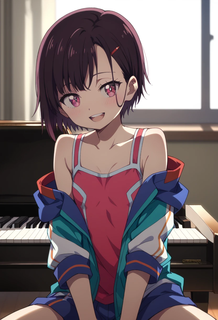 (( top quality )), ((masterpiece)), (be familiar with),  perfect face, indoor, bedroom,  Watching Viewers ,
One woman, Mikazuki Kan,
 open mouth,  ecstatic expression beside the piano, blush, smile,
 small ,  flat chest, Young girl, Lori,  kids,  girl,
Short Hair,  Shorthair,
Leg spread,