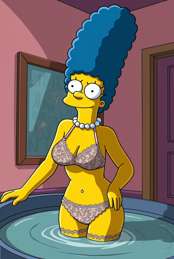 Marge simpson Whole body, Whole body, Whole body, fitted jacket, sexual expressions closed mouth smile, regular breasts, defined thighs , perfect body, showing 4k defined lingerie in a simpsons context, Whole body.