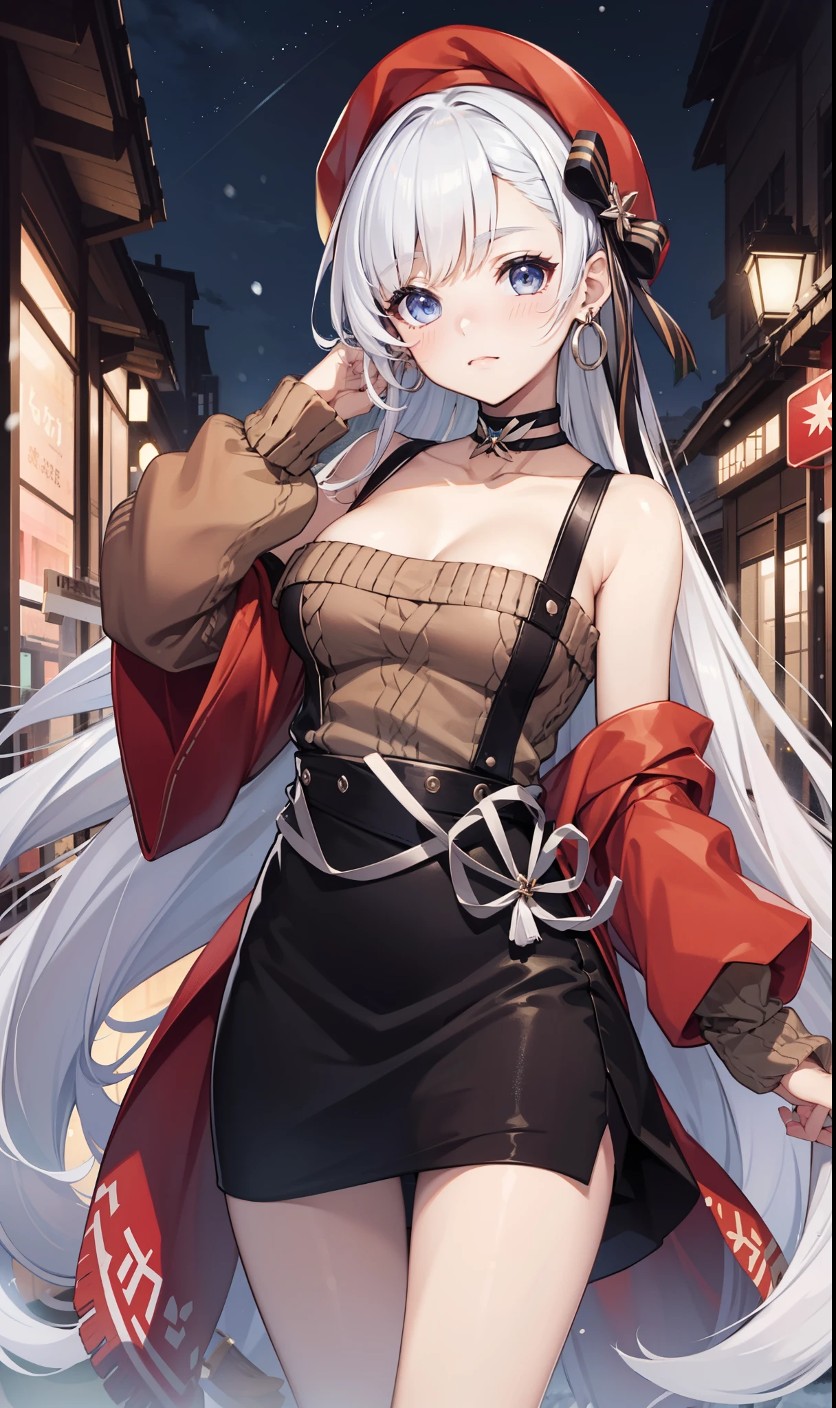 goddess，obsessed， Have Fun ，in love，( Modern Outfits)，Silver Hair， blue eyes， Clear Clothes ，Exquisite hair accessories， transparent lace ，Sky blue pattern，night，Dress nicely，bedroom，Lonely，night， carved suspenders ， Beautiful Face ，number， Christmas Eve，snow，Harbin Heating ，Blushing