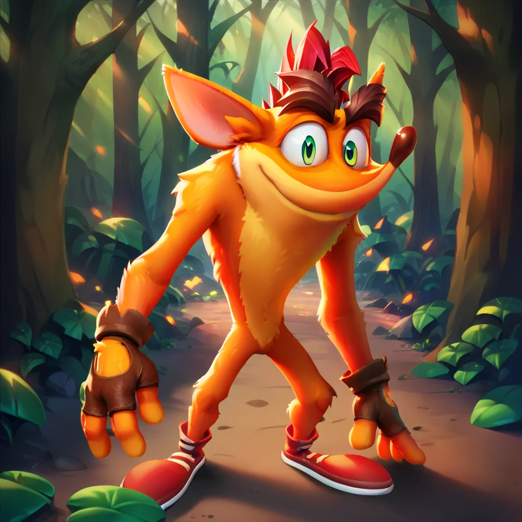 Crash Bandicoot,Furry,Orange Fur,Light Orange Under Belly,Green Eyes,Mohawk,Red Hair,Thick Eyebrows,Dark Brown Nose,Big Pointy Ears,naked,nude,solo,smile,full body, grim,forest background, 