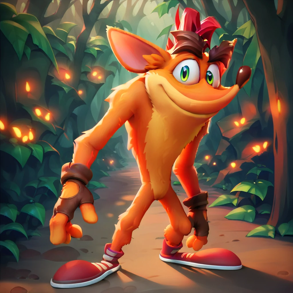 Crash Bandicoot,Furry,Orange Fur,Light Orange Under Belly,Green Eyes,Mohawk,Red Hair,Thick Eyebrows,Dark Brown Nose,Big Pointy Ears,naked,nude,solo,smile,full body, grim,forest background, 