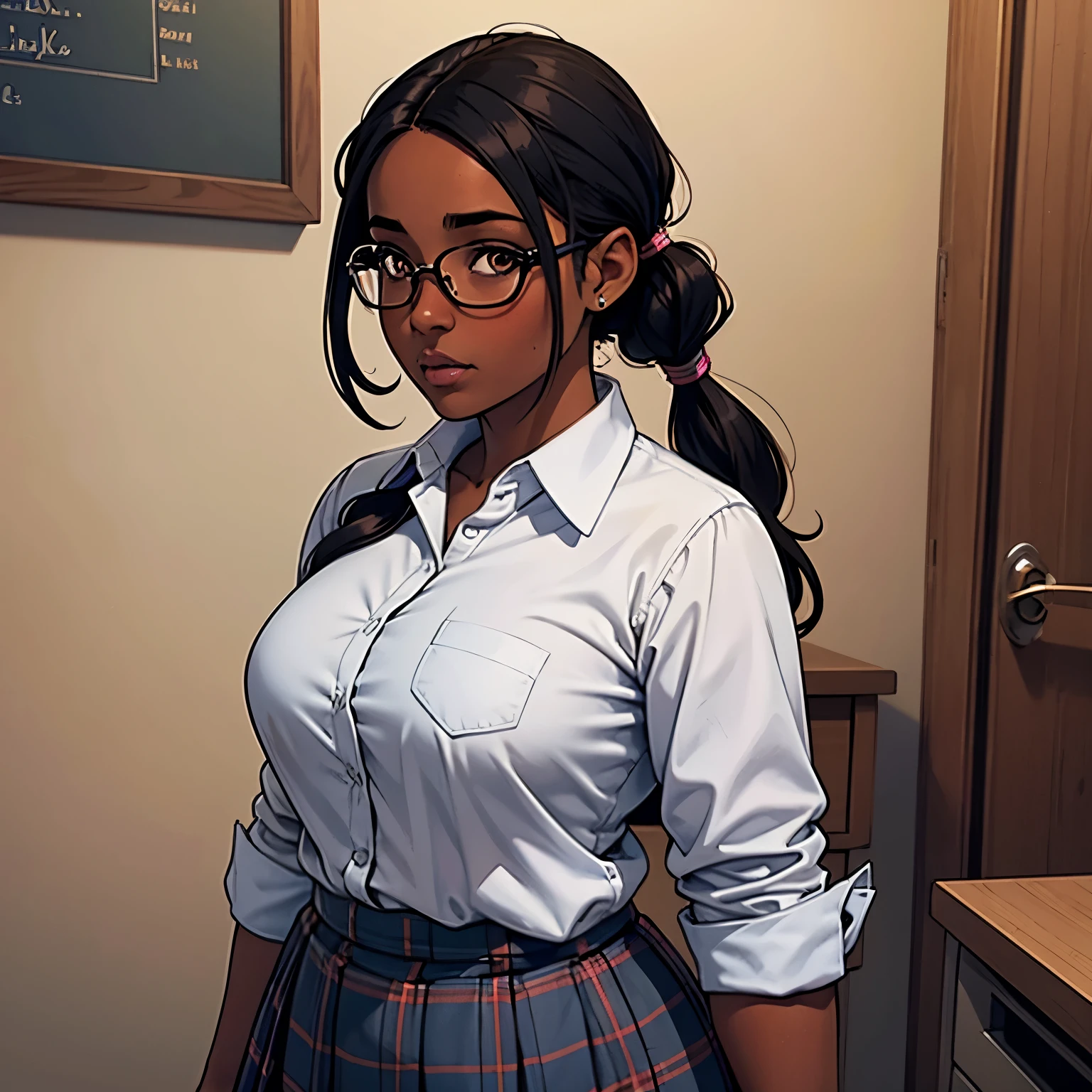 Prett, nerdy college student with black hair, brown skin,  brown eyes, with pigtails, chubby hourglass figure, dressed in a button down white shirt and a plaid blue skirt