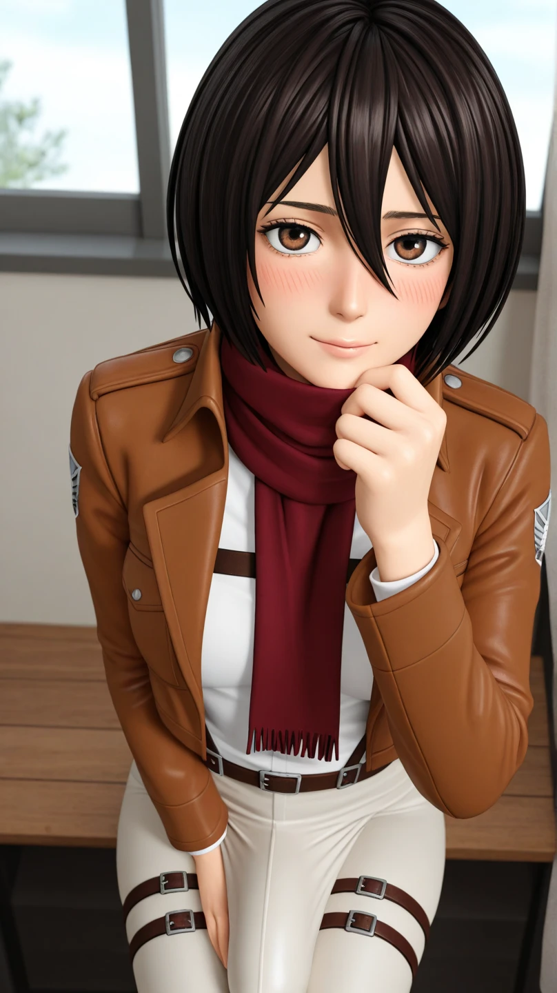 Mikasa Ackerman \(Attack on Titan\), solo, looking at viewer, blush, small smile, futanari, huge bulge, pre-cum, hand on chin, front view, masterpiece, best quality, amazing quality, highres, absurdres, newest, very awa, (3d:1.4)