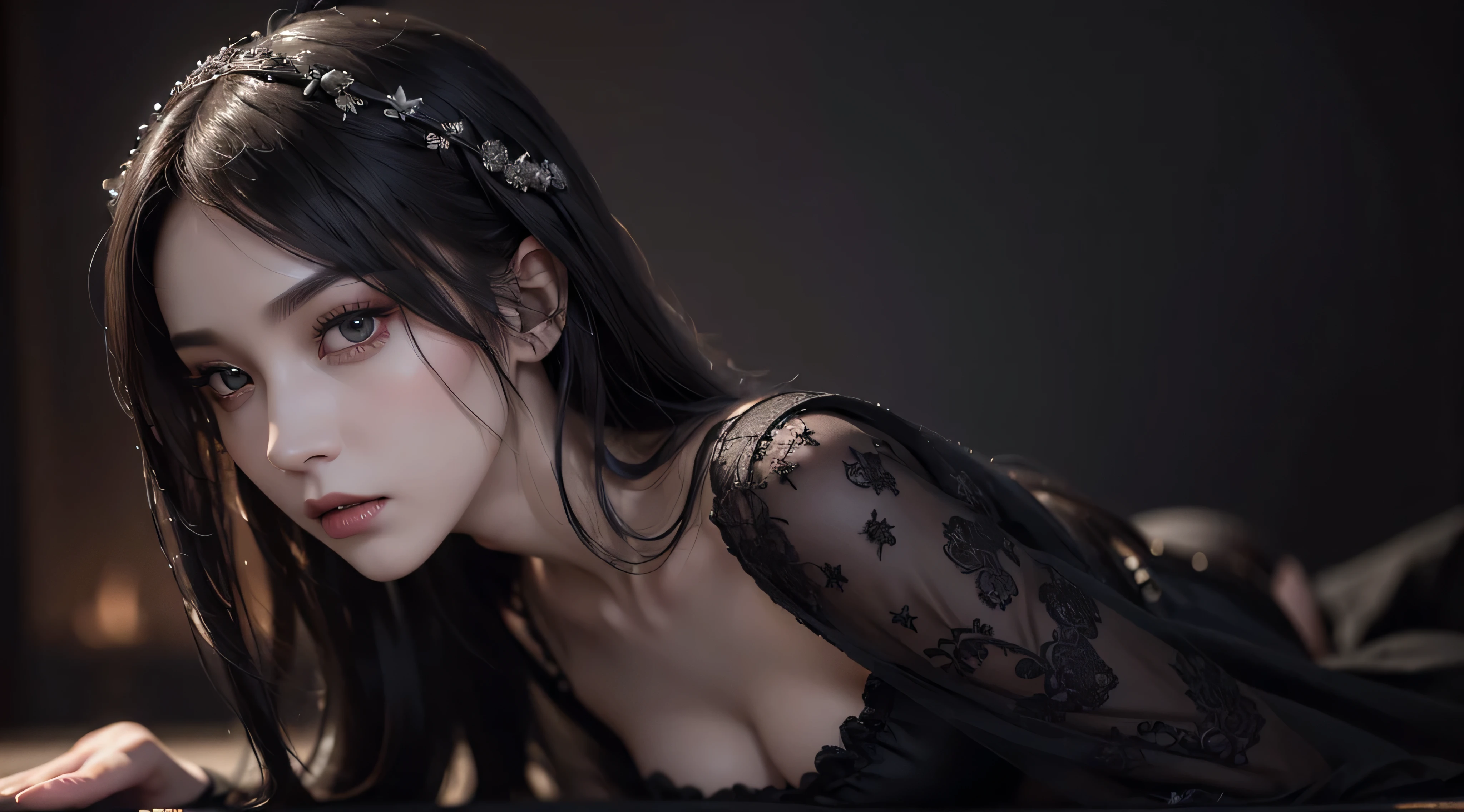 gothic costume , Long Flowing Hair 、 beautiful、Black clothes,( top quality 、4K、8k、 high res、masterpiece:1.2)、 super detailed 、 ( real、 photorealistic、 photorealistic:1.37)、 Intricate Details、 Delicate features、 3D illustration of a sexy slim fit woman with big breasts in her 20s drawn by 、 Mystical Powers 、 darkness,
