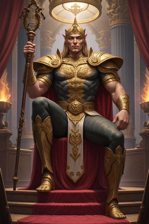 full body view, a muscular white european over-bodybuilded but looking fragile handsome man with undercut clean haircut of his brown with gold blonde streaks haircut, golden socks, indigo and gold neo-byzantine futuristic tight silky fullsuit, no shoes, gold rings, necklaces, bracelets, piercings, with gold and indigo futuristic mosaics behind the golden and lapis lazuli throne on which he's lying, looking boring. a crowd of poor people begging him from around the throne hall