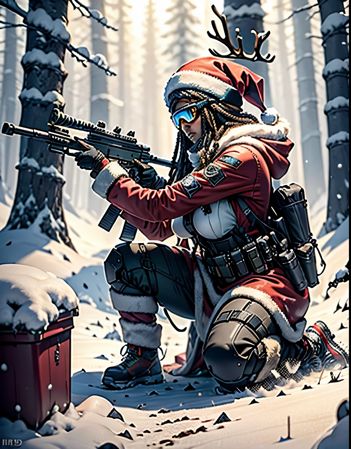 a sexy powerful humanoid reindeer, (big strong and powerful), kneeling on one knee, blue and white santa hat, ( woolly dreadlocks hair pulled back), nightvision goggles on helmet, standing on a snowy road, oak trees and snowy ground, angry, half reindeer, large antlers, hooded puffer jacket, mercenary outfit, tactical gear, very strong, hude boobs, feminine, curvy, (santa hat) alot of (tactical gear), mechanical parts, robotic machine parts, fuming angry, facing the viewer, facing the camera, looking at the viewer, 3/4 view stance, dreadlocks hair, rifle in hand, ballistic vest, fire blazing from rifle, ready to fight, android hybrid, cyborg, mechanical parts, mechanical panels on body, tubes attached to limbs, muscular, glowing high tech watch on wrist, detailed texture, ice all around, photorealistic, highly detailed, 8k, masterpiece, (best quality,4k,8k,highres,masterpiece:1.2),ultra-detailed,(realistic,photorealistic,photo-realistic:1.37),HDR,UHD,studio lighting,ultra-fine painting,sharp focus,physically-based rendering,extreme detail description,professional,vivid colors,bokeh,nature,wildlife,surreal,whimsical