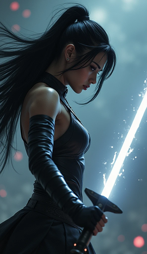 a warrior woman is fighting with a laser sword, her black hair is moving dynamically to the rhythm of the fight, white highlights, thin build, hyper-detailed, cinematic lighting, dramatic pose, fantasy art style, dark moody colors

