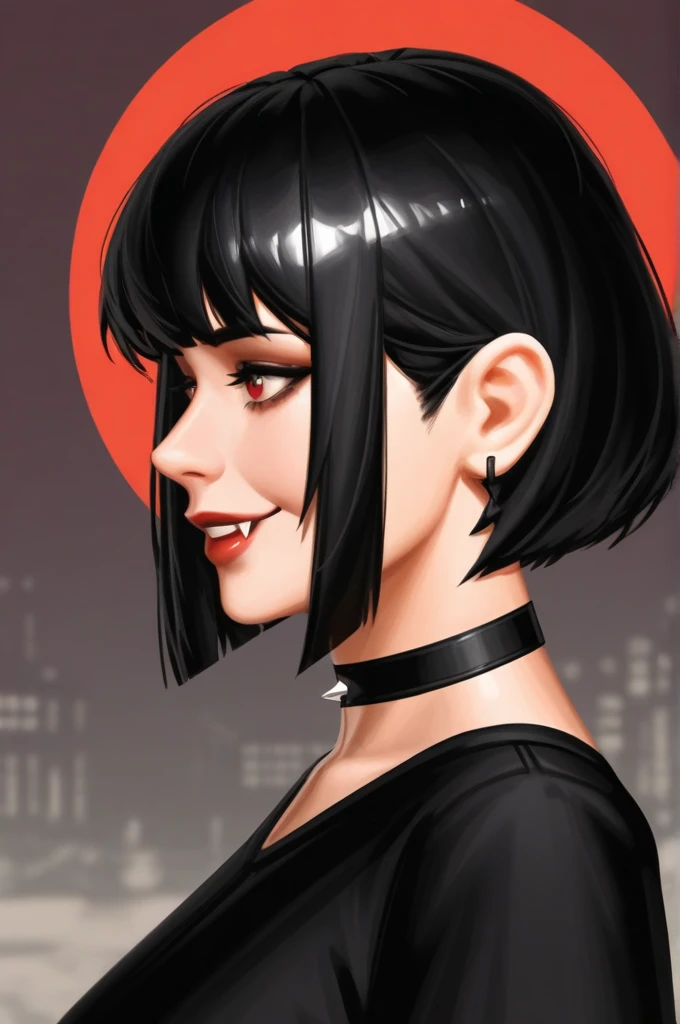 a medium shot of a woman with a black hair and a black top, face profile, smile, a character portrait inspired by Yanjun Cheng, trending on cg society, gothic art, artwork in the style of guweiz, guweiz, gothic girl face, cruel korean goth girl, cute face, black shirt and choker, curvy body. dark fantasy, androgynous vampire, 1 7 - year - old anime goth girl