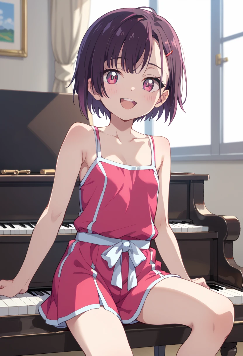 (( top quality )), ((masterpiece)), (be familiar with),  perfect face, indoor, bedroom,  Watching Viewers ,
One woman, Mikazuki Kan,
 open mouth,  ecstatic expression beside the piano, blush, smile,
 small ,  flat chest, Young girl, Lori,  kids,  girl,
Short Hair,  Shorthair,
Leg spread,