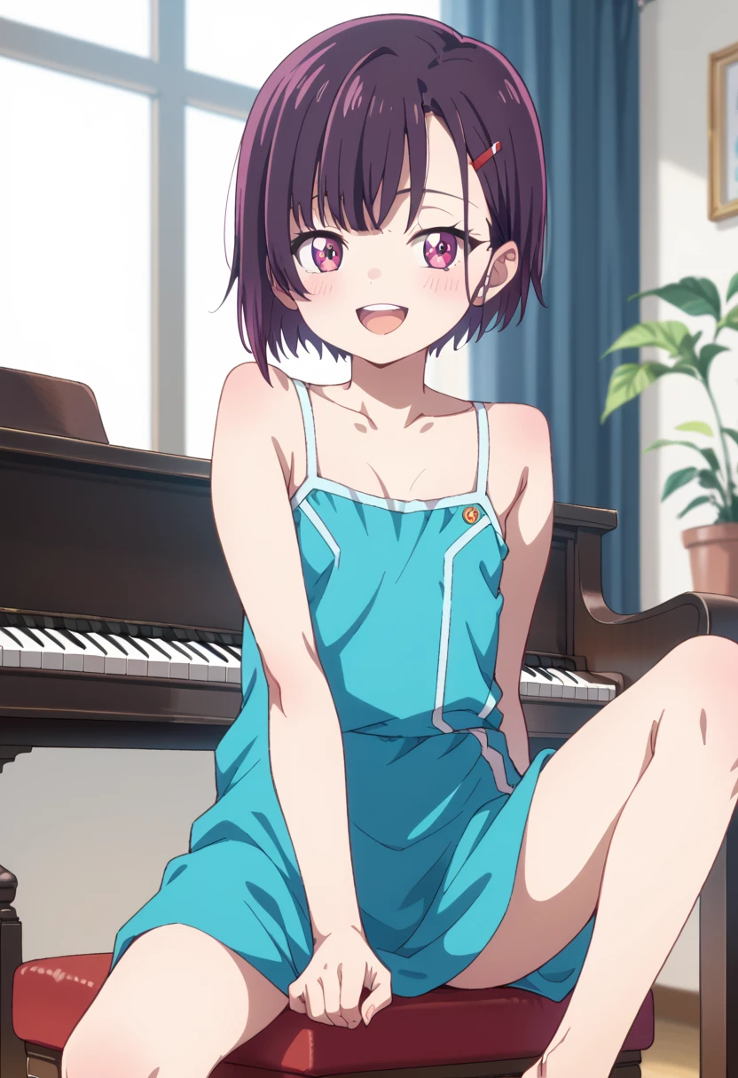 (( top quality )), ((masterpiece)), (be familiar with),  perfect face, indoor, bedroom,  Watching Viewers ,
One woman, Mikazuki Kan,
 open mouth,  ecstatic expression beside the piano, blush, smile,
 small ,  flat chest, Young girl, Lori,  kids,  girl,
Short Hair,  Shorthair,
Leg spread,