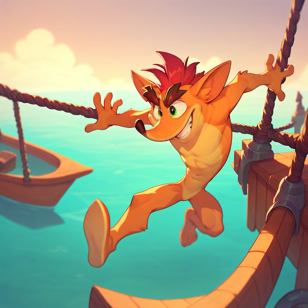 Crash Bandicoot,Furry,Orange Fur,Light Orange Under Belly,Green Eyes,Mohawk,Red Hair,Thick Eyebrows,Dark Brown Nose,Big Pointy Ears,naked,nude,solo,jumping out of a boat,grim,smile,full body