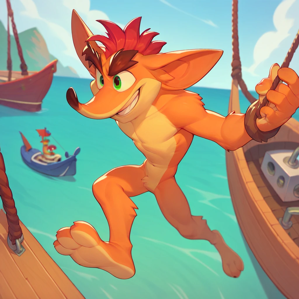 Crash Bandicoot,Furry,Orange Fur,Light Orange Under Belly,Green Eyes,Mohawk,Red Hair,Thick Eyebrows,Dark Brown Nose,Big Pointy Ears,naked,nude,solo,jumping out of a boat,grim,smile,full body