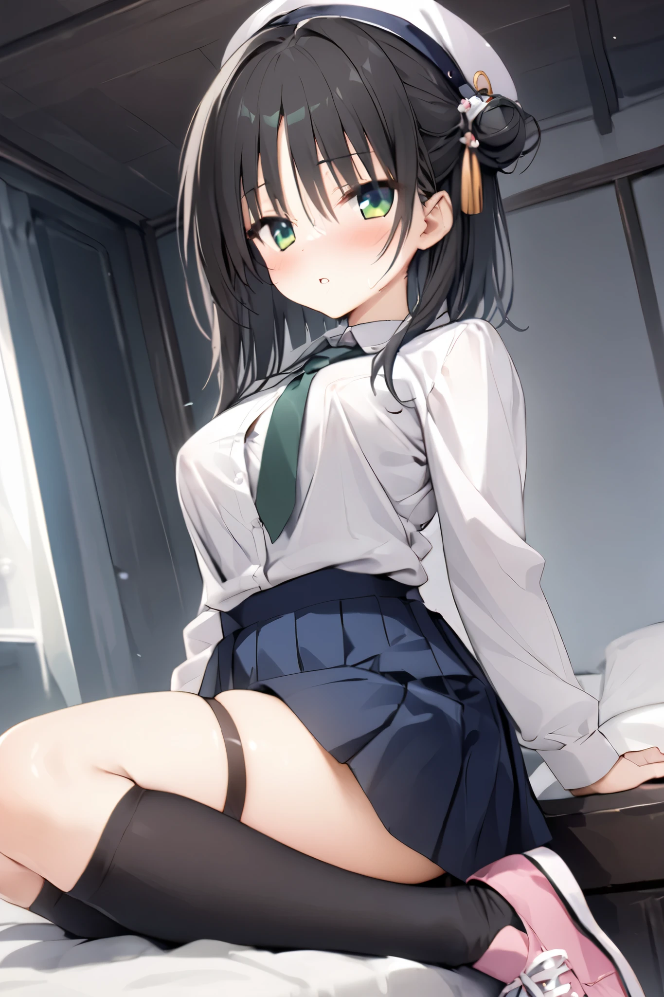 NSFW,masterpiece, top quality , high res, very detailed,Hitachi Moko、Yuzu Soft、 black hair、 medium hair、Green Eyes、 、 medium bust、 bun hair 、 single bun、 single sided bun、 Tassel Headwear 、 ties、赤い ties、Best、青いBest、 shirt、白い shirt、襟付き shirt、 Long Sleeve 、 Blue Skirt 、 miniskirt、 pleated skirt、 thigh high socks、白い thigh high socks、 thigh strap 、 absolute domain、shoes、 pink footwear , girl's room