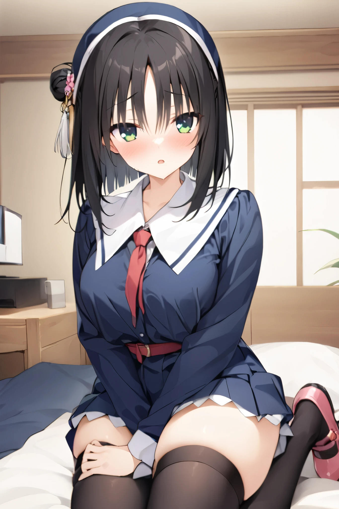 NSFW,masterpiece, top quality , high res, very detailed,Hitachi Moko、Yuzu Soft、 black hair、 medium hair、Green Eyes、 、 medium bust、 bun hair 、 single bun、 single sided bun、 Tassel Headwear 、 ties、赤い ties、Best、青いBest、 shirt、白い shirt、襟付き shirt、 Long Sleeve 、 Blue Skirt 、 miniskirt、 pleated skirt、 thigh high socks、白い thigh high socks、 thigh strap 、 absolute domain、shoes、 pink footwear , girl's room