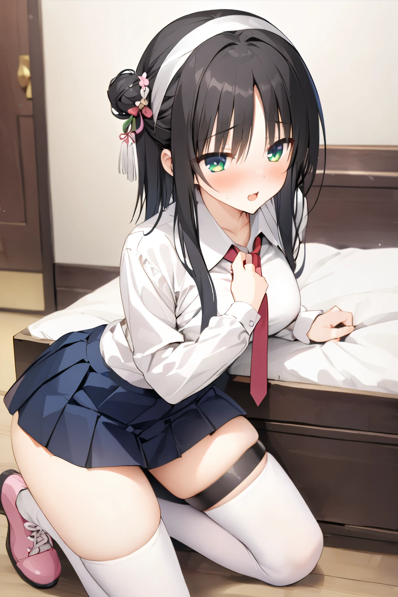 NSFW,masterpiece, top quality , high res, very detailed,Hitachi Moko、Yuzu Soft、 black hair、 medium hair、Green Eyes、 、 medium bust、 bun hair 、 single bun、 single sided bun、 Tassel Headwear 、 ties、赤い ties、Best、青いBest、 shirt、白い shirt、襟付き shirt、 Long Sleeve 、 Blue Skirt 、 miniskirt、 pleated skirt、 thigh high socks、白い thigh high socks、 thigh strap 、 absolute domain、shoes、 pink footwear , girl's room