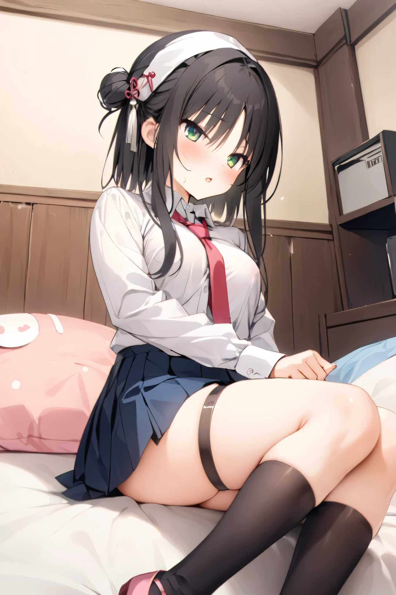 NSFW,masterpiece, top quality , high res, very detailed,Hitachi Moko、Yuzu Soft、 black hair、 medium hair、Green Eyes、 、 medium bust、 bun hair 、 single bun、 single sided bun、 Tassel Headwear 、 ties、赤い ties、Best、青いBest、 shirt、白い shirt、襟付き shirt、 Long Sleeve 、 Blue Skirt 、 miniskirt、 pleated skirt、 thigh high socks、白い thigh high socks、 thigh strap 、 absolute domain、shoes、 pink footwear , girl's room