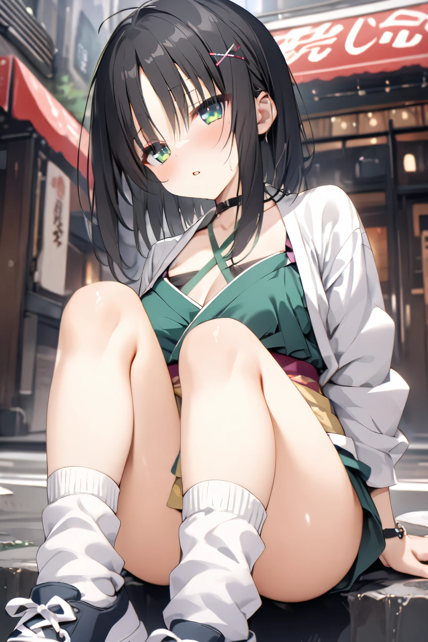 NSFW,masterpiece, top quality , high res, very detailed,Hitachi Moko、Yuzu Soft、 black hair、 medium hair、Green Eyes、 、 medium bust、side lock、 short hair and long hair、、x Hair accessories、 hair clip、 green shirt 、 halter neck 、 cross halter、 kimono、White clothing、 short kimono、band、 SHORTS、 white socks、 ankle socks 、 sneakers,Japanese-style downtown