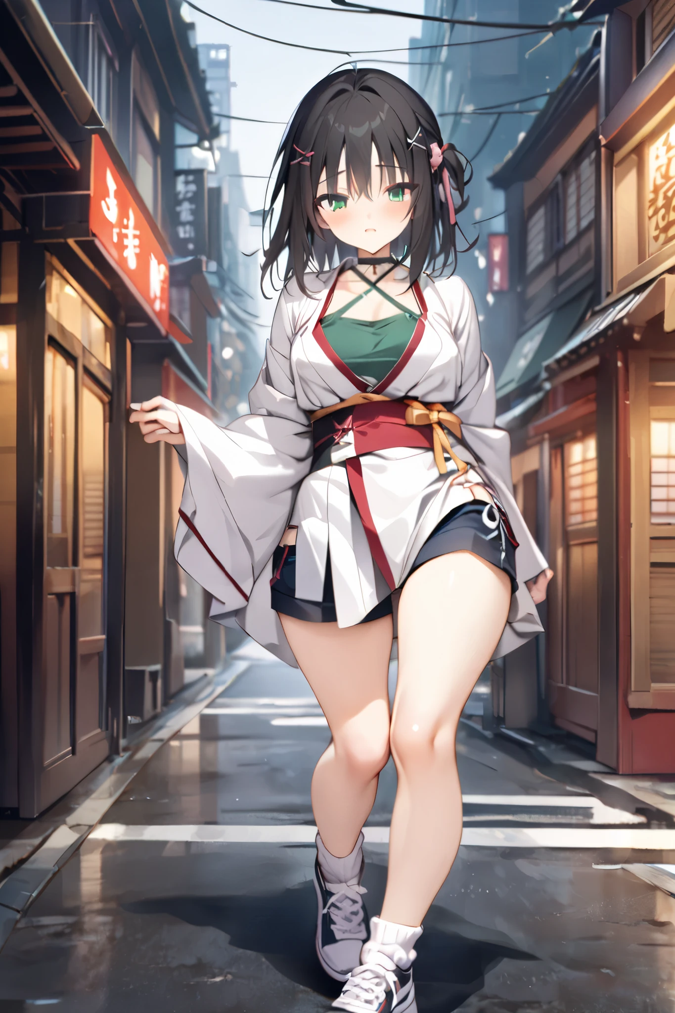 NSFW,masterpiece, top quality , high res, very detailed,Hitachi Moko、Yuzu Soft、 black hair、 medium hair、Green Eyes、 、 medium bust、side lock、 short hair and long hair、、x Hair accessories、 hair clip、 green shirt 、 halter neck 、 cross halter、 kimono、White clothing、 short kimono、band、 SHORTS、 white socks、 ankle socks 、 sneakers,Japanese-style downtown