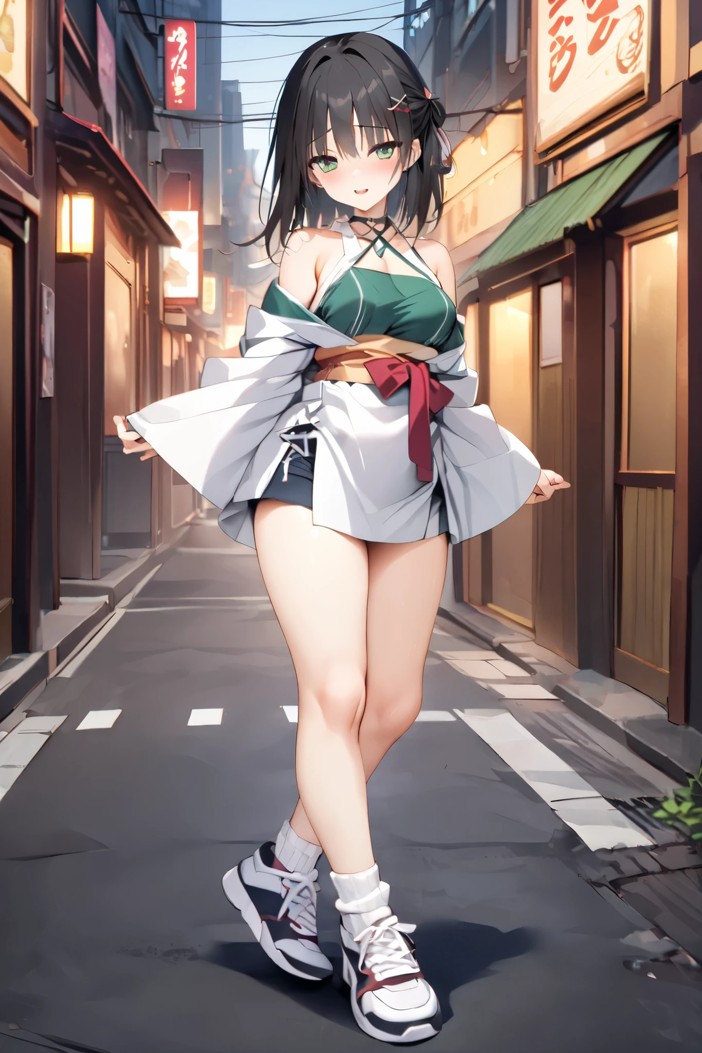 NSFW,masterpiece, top quality , high res, very detailed,Hitachi Moko、Yuzu Soft、 black hair、 medium hair、Green Eyes、 、 medium bust、side lock、 short hair and long hair、、x Hair accessories、 hair clip、 green shirt 、 halter neck 、 cross halter、 kimono、White clothing、 short kimono、band、 SHORTS、 white socks、 ankle socks 、 sneakers,Japanese-style downtown