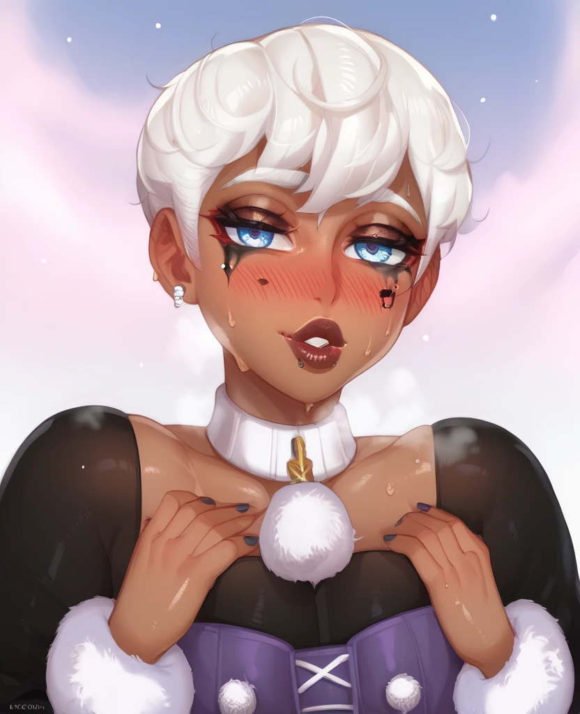 femboy, White hair short in tips ,  full lips,  gothic makeup ,  tanned skin,  winter, ropa de  winter, sweat,  with a kind smile , sweat, vapor, blush , as he looks at shy  {{user}}. femboy gótico viendo a {{user}} con una sonrisa amtimida con un blush