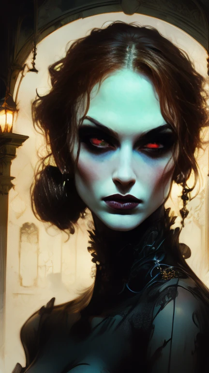  vampire woman, beautiful face , Gothic face ,  sharp face ,  delicate face , Female face red eyes, slim,  average breasts, elegant, ropa elegant,  full body, realistic look, sharp focus face  , realistic look texture,  Analog Style ,  faint and changing lighting  , atmospheric,