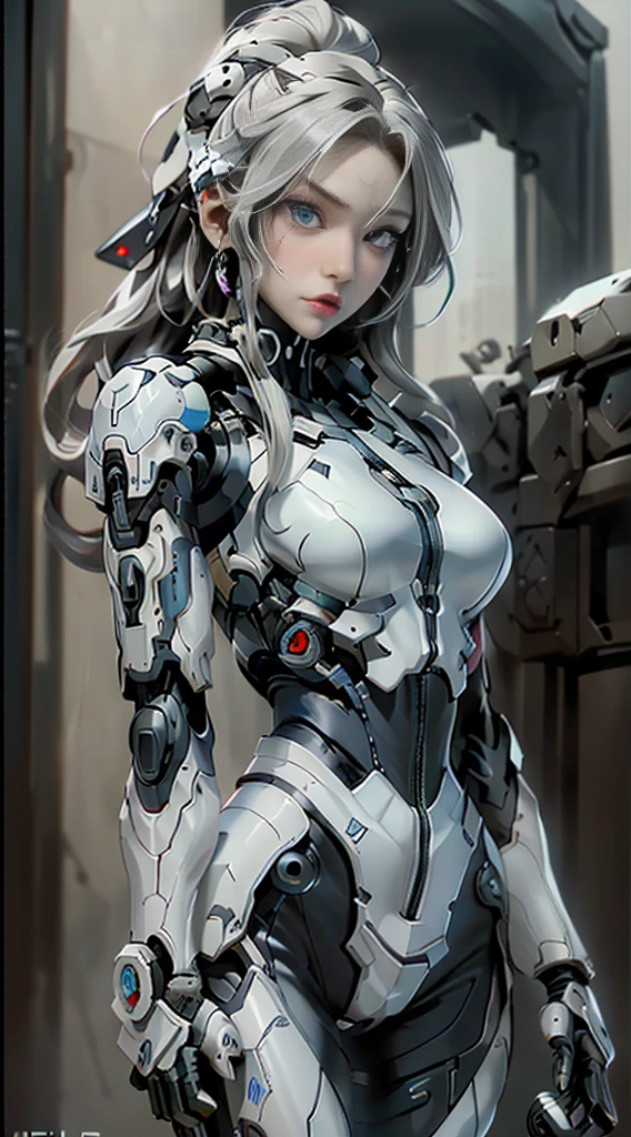 Anime style, better effects, 8k, better lighting, cyberpunk style, vivid colors. Android woman with blue eyes and shoulder-length white hair and a body with white robotic parts. Full body, image with extreme quality, running 