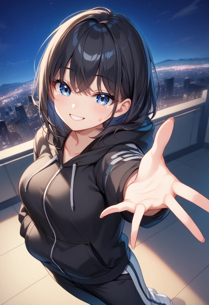 (Source_anime), 1girl, black hair long bangs, hand reaching out, hoodie jacket, hoodie over head, one hand reaching towards viewer, other hand in pocket, slight smile with tears, blue eyes, night city background, standing, sweatpants, angle above, eyes low