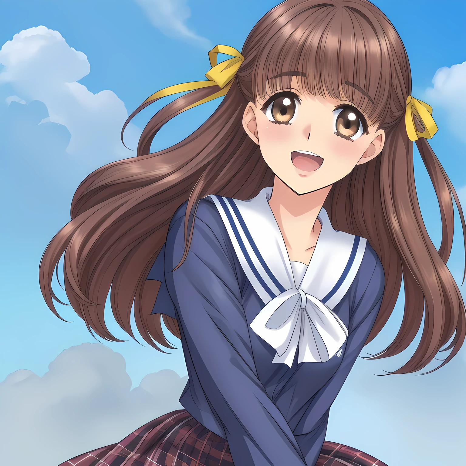 (highest quality, masterpiece: 1.6), (Too beautiful intelligent girls is looking me down and laughing at me with their pretty open mouth, bending their back deeply, can't stop giggling, Too Beautiful noble beautiful dancing anime noble heroines, beautiful giggling noble elegant 15yot anime heroines wares completely white frilled girly blouse covered by navy-expensive-blazer and navy-blue-checkered-plaid-school-skirt with metallic luster, inviting me into deep harem of siren and succubi, Noble Elegant blazer uniform: 1.5), (white white white frilled blouse, with pretty shiny large blue-ribbons made of polyester on the breast and sleeves: 1.2), (Anime-heroine's girly noble laughing giggling brown eyes, the eyes shines and has strong effect of allusion to the viewer: 1.6), (Realistic Charming neat dark-navy-blue very-neat well-pleated long dark-blue checkered glossy expensive plaid school skirt made of metallic-luster-blue-wool: 1.6), (sky-blue background with white heart figured clouds: 1.7), (Eyes, face and hair are especially beautifully detailed and beautifully drawn: 1.5), (Girl whom everyone loves because of her beauty and lovely fashion and noble manner and magic-charm like succubus: 1.0), (Very beautiful, wavy, cutely super-super-long straight gorgeous rich dark black hair like hair model, with elegant big yellow hair ribbons: 1.3), (beautiful black hair: 1.5), (Perfect mature body style like a fashion model), (The girl is too much beloved), ((skirt close shot)), ((Light and clearly-detailed well-contrasted neat bewitching too-expensive atmosphere foreground, to catch the viewer taking to the allusion ecstasy of seifuku-fetishism: 1.6)), (Counting to bring the viewer into the allusion ecstasy of seifuku-harem forcibly: 1.2), (black background in the world of seifuku-harem-paradise), (Viewer can't to stop hugging and kissing her due to her beauty: 1.0)
