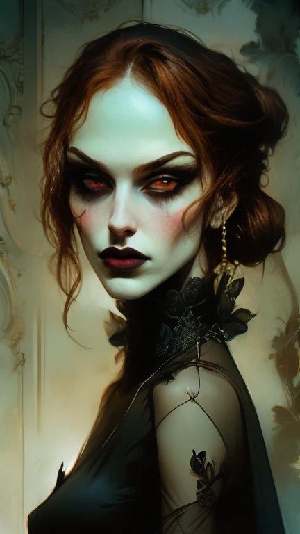  vampire woman, beautiful face , Gothic face ,  sharp face ,  delicate face , Female face red eyes, slim,  average breasts, elegant, ropa elegant,  full body, realistic look, sharp focus face  , realistic look texture,  Analog Style ,  faint and changing lighting  , atmospheric,