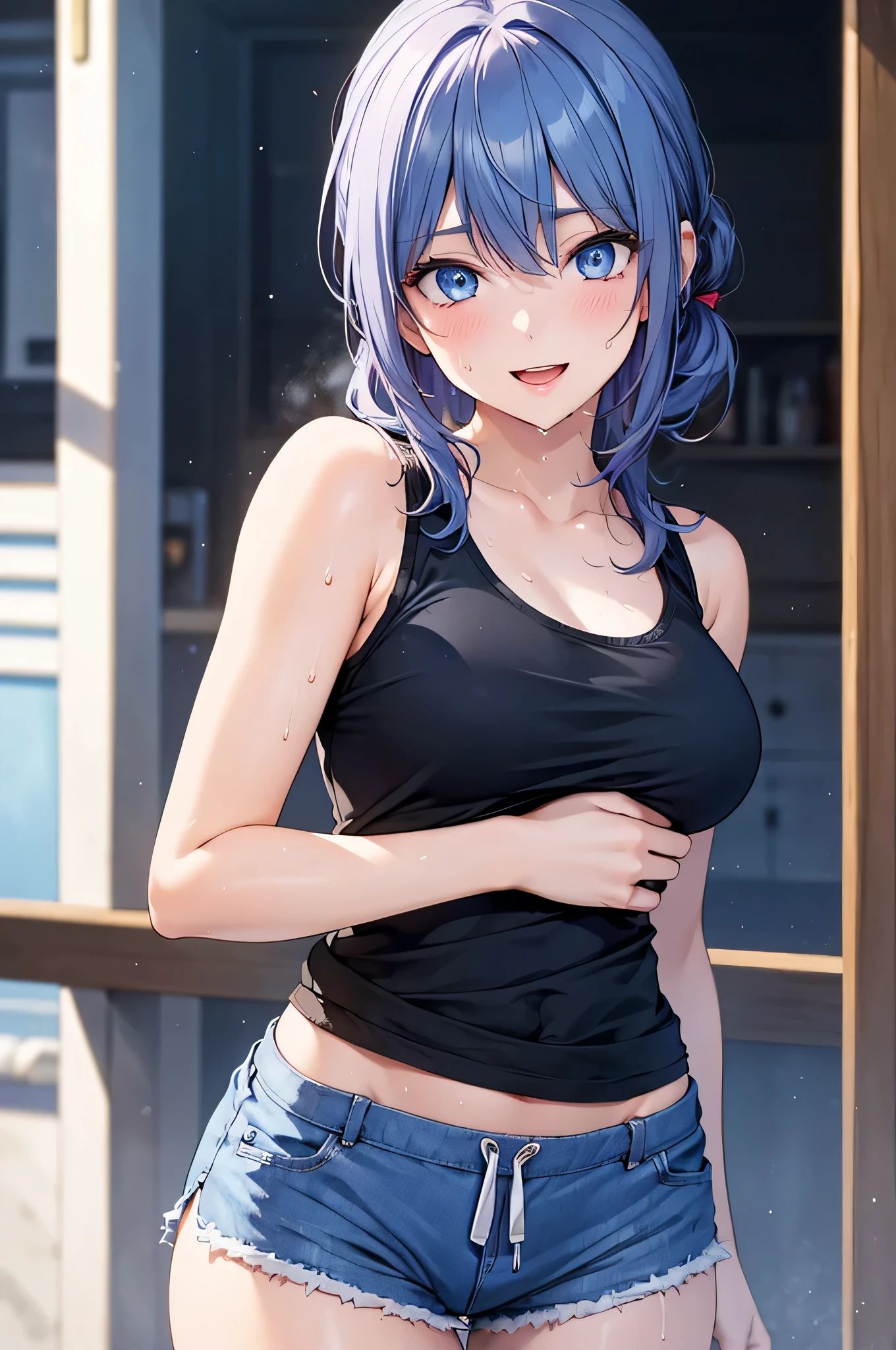 8k resolution,(( top quality )), super high res,Adult female, Alone, sexy, ( kind smile), ( blue eyes), beautiful symmetrical face , (black curled short ponytail), white hoodie , tank top, blue shorts, realistic :1.4, realistic :1.4,( Masterpiece :1.2), perfect eyes, perfect eyes, anatomically correct human body,( open mouth :1.1),Sigh,Tempting,Perfect thighs,(sweat:1.4)