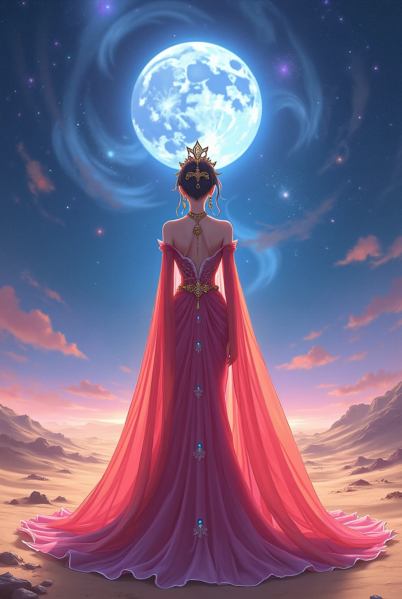  Desert Palace , Queen of the Desert, The beautiful goddess in the anime , Bright, brightly colored dresses, earrings, necklace,  hair ornament, Jewelry,  body is facing this way, Swirling galaxies on the lunar desert ,  A Beautiful Night Sky ,  moonlight,  anime art, 