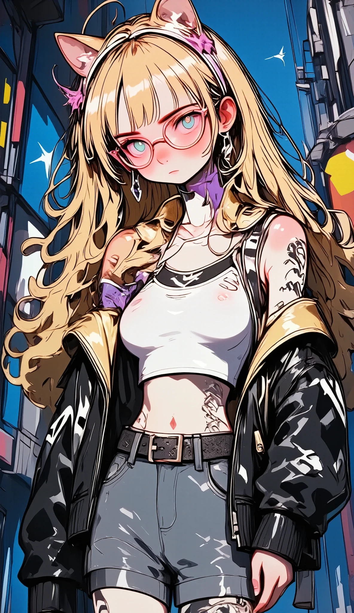 (( better quality)), (( Artwork )),  beautiful girl, A girl with long wavy blonde hair, cabello blanco,  Tips for purple hair , futuristic city,  Neon plates ,  cars with lights ,  walking down an alley in the cyberpunk city,  girl in jeans , camisa blanca, black jacket,  round red glasses ,  art by Mika Pikazo , guweiz , , Unique detail ,  Artwork 