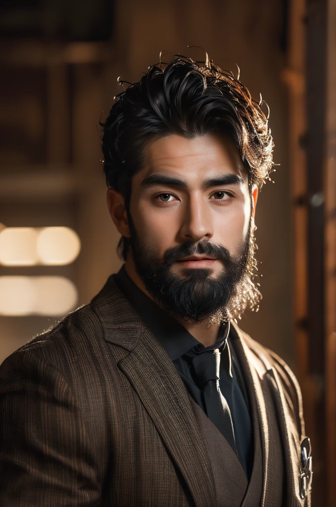 (8k、RAWE Photo、 top quality 、masterpiece:1.2)、( real、 photorealistic :1.37)、 beautiful detailed face、(Feather Cut: 0.6)、male、 model、 professional lighting、The lighting is bright、beard、Perm、Business suit、simple background , simple background 、full body , cowboy shot ,