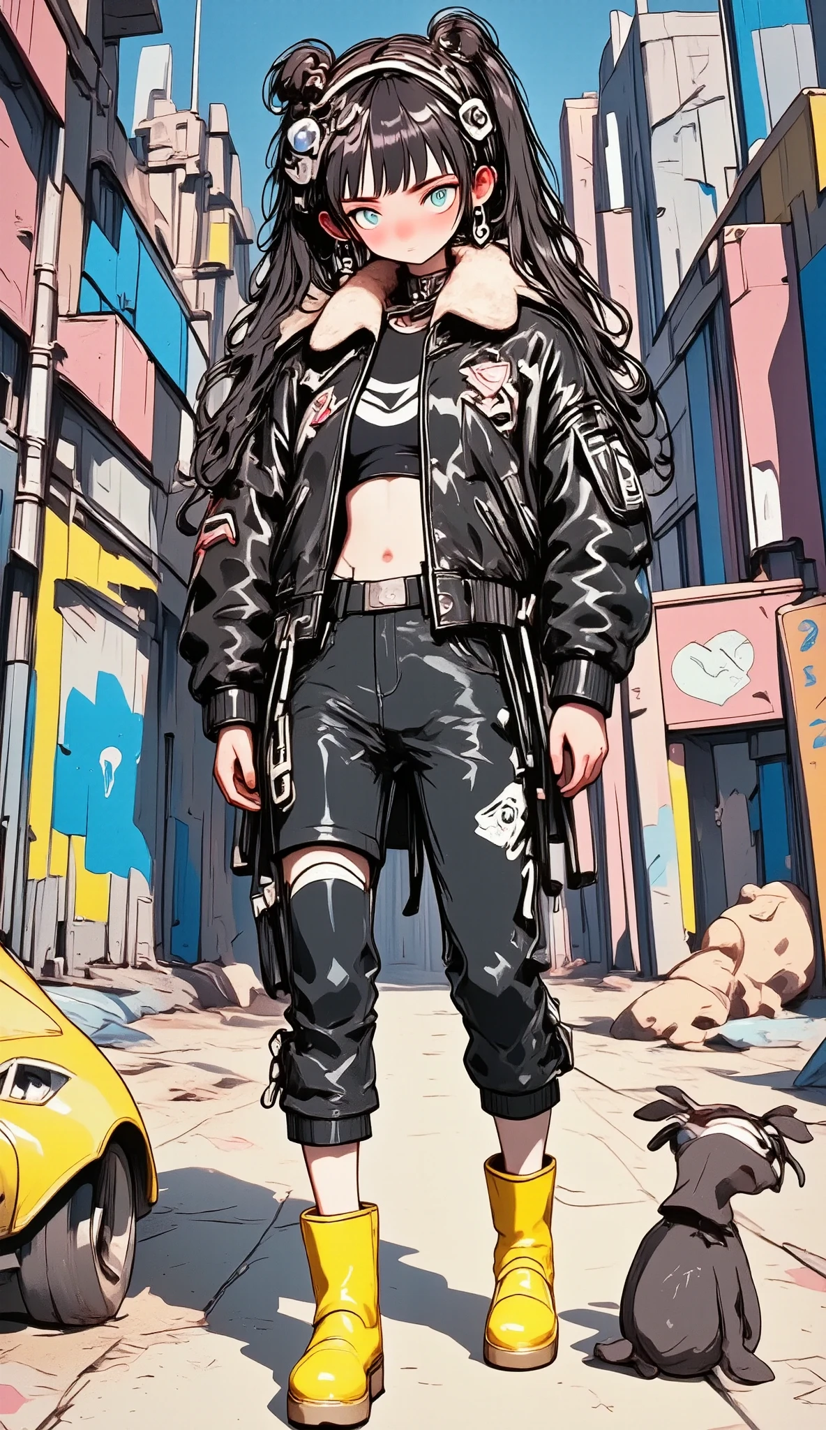 full body image, ( ultra detailed ,ultra alta resolución, detailed background),((2d)),(( flat color )),((Mute color)), 1SOLO, Looking at the viewer, baggy flight suit, bomber jacket with large sheep collar, ( large yellow galoshes ), Plush necklace, full body image, wearing virtual reality glasses , (( Baron's intricate desert background )), ((apocalyptic city)), full body framed , ((Drone next to you ))