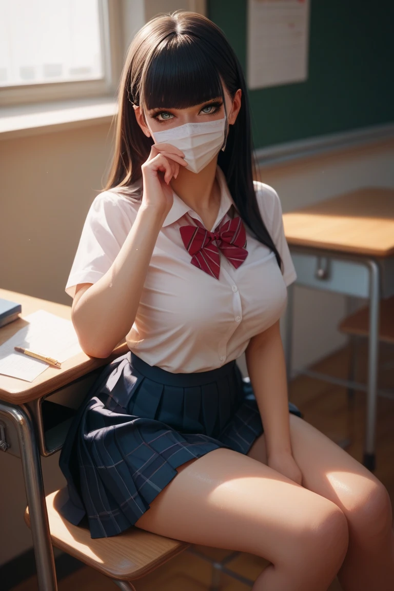 Schoolgirl sits at her desk during class, face covered in cum